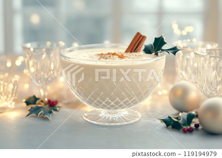 A close-up of eggnog garnished with cinnamon and holly, set on a soft background, evoking a festive Christmas atmosphere 119194979