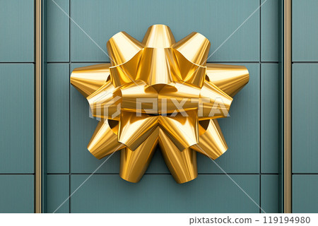 A large golden gift bow displayed on a teal wall background, symbolizing celebration A large golden gift bow displayed on a teal wall background, symbolizing celebration 119194980