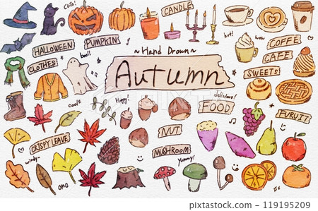 Watercolor autumn illustration set, stylish hand-drawn illustrations 119195209