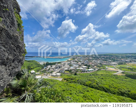 Views of the ancient settlement, Nanta Beach, and the East China Sea from Tindabana, a natural observation deck on Yonaguni Island. Views of the ancient settlement, Nanta Beach, and the East China Sea from Tindabana, a natural observation deck on Yonaguni Island. 119195871