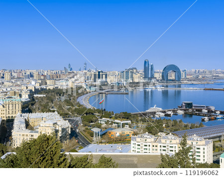 Baku cityscape and Baku Bay seen from high ground in Azerbaijan / Baku, Azerbaijan Baku cityscape and Baku Bay seen from high ground in Azerbaijan / Baku, Azerbaijan 119196062