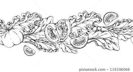 Vegetables and green salad mix for healthy lifestyle, diet, vegan cooking. Hand drawn vector ink. Illustration seamless border isolated on white background. Design recipe book, website, card, menu 119196066