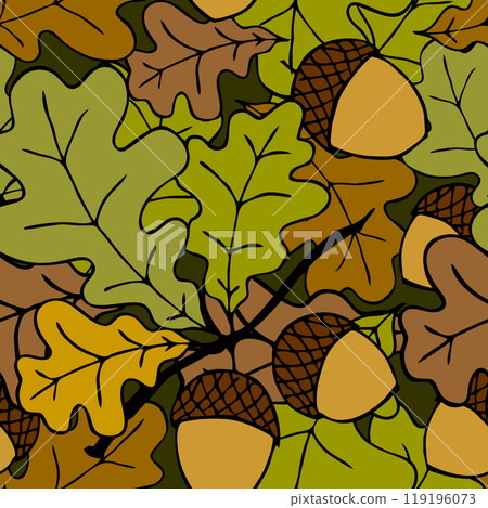 bright autumn seamless pattern of oak leaves and acorns on a green background, texture, design 119196073