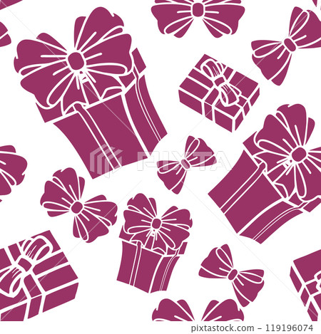 seamless asymmetric pattern of purple gift boxes on a white background, texture, background 119196074