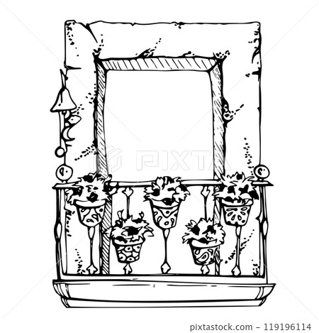 Mexican Mediterranean Moroccan window frame, iron cast rail, house plants architectural exterior. Hand drawn ink vector illustration. Single element isolated on white. Design travel, vacation brochure Mexican Mediterranean Moroccan window frame, iron cast rail, house plants architectural exterior. Hand drawn ink vector illustration. Single element isolated on white. Design travel, vacation brochure 119196114