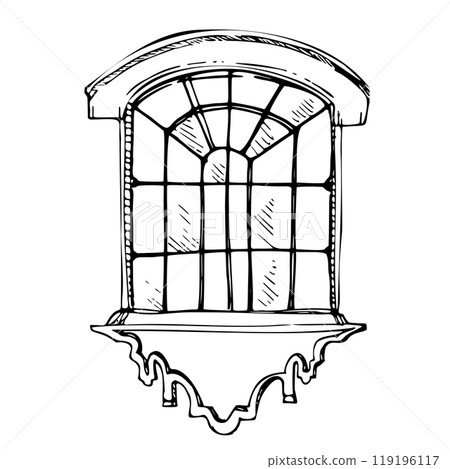 Mexican Mediterranean Moroccan arched glass window frame, architectural facade house exterior. Hand drawn ink vector illustration. Single element isolated on white. Design travel, vacation, brochure 119196117