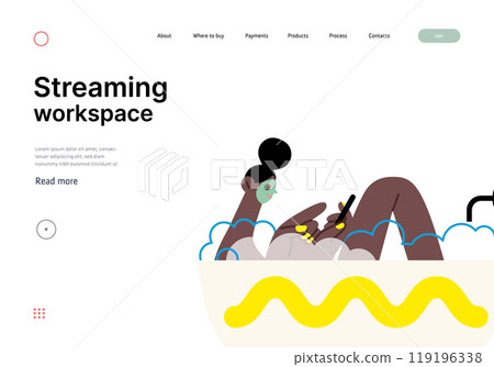 Creative workspace, modern flat vector concept illustration of a woman working sitting with a computer in a bath tube Remote work, flexibility, independence, efficiency, mobility, synergy, freedom 119196338