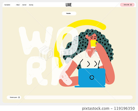 Creative workspace, modern flat vector concept illustration of a woman drinking coffee working sitting with a computer Remote work, flexibility, independence, efficiency, mobility, synergy, freedom 119196350