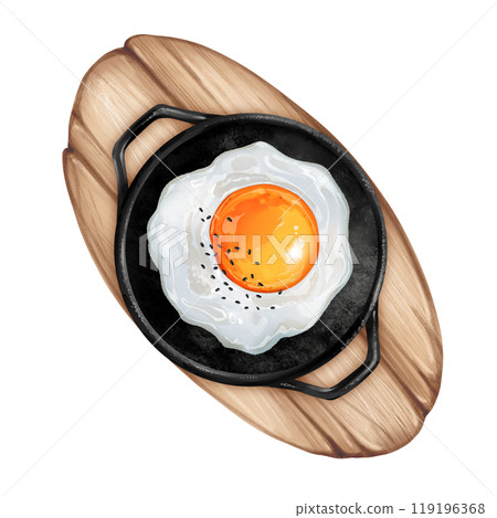 Sunny side up egg, cast iron pans top view, illustration on white background 119196368