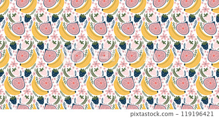 Cheerful seamless pattern with illustrations of bananas, figs, blackberries, white strawberries, pink flowers, and green leaves. Modern, organic vector style with flat colors and a playful, childlike 119196421