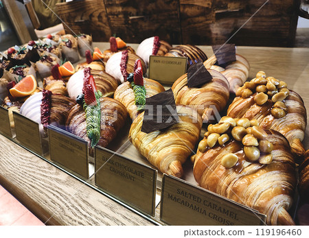 Delicious croissant with several kind of topping in bakery store Delicious croissant with several kind of topping in bakery store 119196460