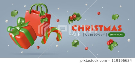 Christmas sale 3d vector banner design with red green shopping bag gift box candy and holly berry 119196624