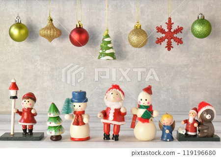 Santa Claus and snowman doll Christmas ornament decoration background Santa Claus and snowman doll Christmas ornament decoration background 119196680