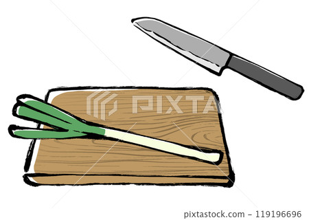 A brush-drawn illustration of a leek and a knife on a cutting board A brush-drawn illustration of a leek and a knife on a cutting board 119196696