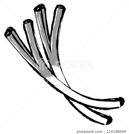 Monochrome illustration of two green onions drawn with a brush 119196699