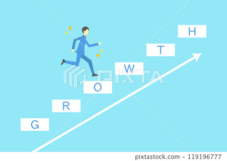 Illustration of a businessman running up a staircase with the word GROWTH written on it Illustration of a businessman running up a staircase with the word GROWTH written on it 119196777