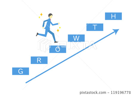一名商人跑上樓梯的插圖，上面寫著「增長」一詞 119196778