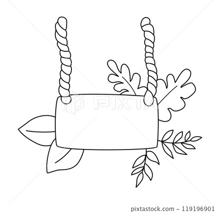 Vector black and white wooden signboard illustration, coloring page. Dinosaur land sign line icon with twigs, palm leafs, leana. Wood dino board hanging on ropes isolated on white background Vector black and white wooden signboard illustration, coloring page. Dinosaur land sign line icon with twigs, palm leafs, leana. Wood dino board hanging on ropes isolated on white background 119196901
