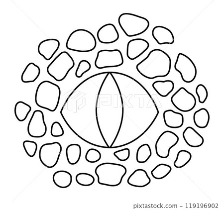 Vector black and white dinosaur eye icon. Dino face part with skin texture line illustration. Funny ancient animal clipart isolated on white. Cartoon paleontology logo coloring page Vector black and white dinosaur eye icon. Dino face part with skin texture line illustration. Funny ancient animal clipart isolated on white. Cartoon paleontology logo coloring page 119196902