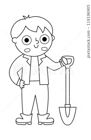 Vector black and white paleontologist icon. Cartoon archeologist boy clipart with shovel. Historical dinosaur dig or excavations scientist, explorer line illustration or coloring page Vector black and white paleontologist icon. Cartoon archeologist boy clipart with shovel. Historical dinosaur dig or excavations scientist, explorer line illustration or coloring page 119196905