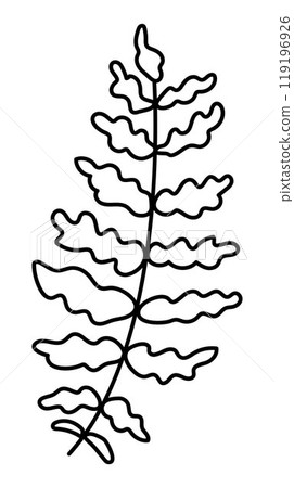 Black and white fern leaves icon. Forest or woodland plant clipart isolated on white background. Botanical foliage design element. Simple greenery branch line illustration for kids 119196926