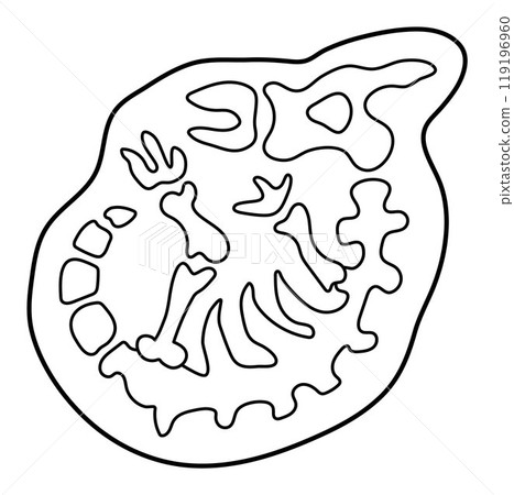 Vector black and white parasaurolophus bones icon. Cute dinosaur fossils line illustration for kids. Funny excavated dino clipart for children. Cartoon prehistoric animal coloring page 119196960