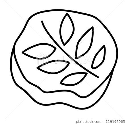 Vector black and white fossil icon. Cute plant stamp line illustration for kids. Funny excavated rock with ancient leaves clipart for children. Cartoon paleontology artifact coloring page 119196965