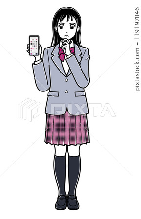 穿著西裝外套、拿著智慧型手機看起來若有所思的女高中生（簡單） 119197046