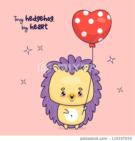 Cute hedgehog with balloon. Funny cartoon kawaii character animal. Vector illustration. Kids collection. 119197054