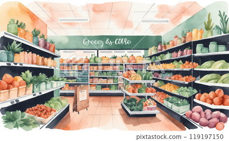 購物場景超市水彩插畫 購物場景超市水彩插畫 119197150