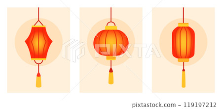 Chinese red holiday glowing lanterns posters set. Asian decoration. Design cartoon elements in flat style. Vector illustration 119197212