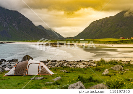 Tent on sea shore, Lofoten Norway 119197260