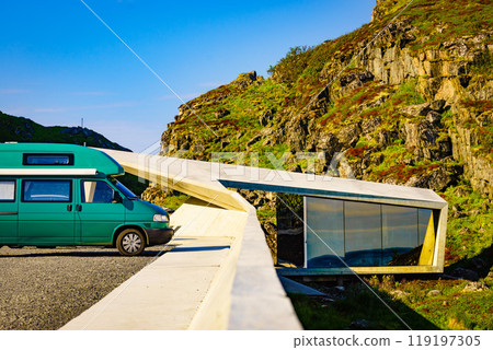 camper van on rest stop area, Andoya Norway 119197305