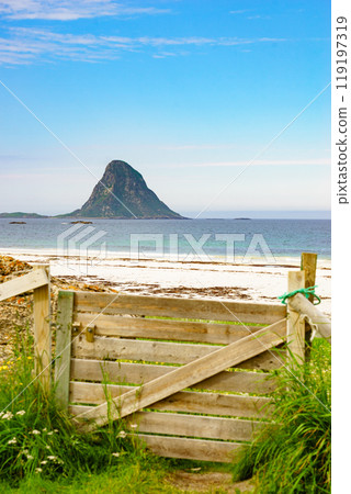 Sea coast sandy beach in resort Bleik Andoya Norway Sea coast sandy beach in resort Bleik Andoya Norway 119197319