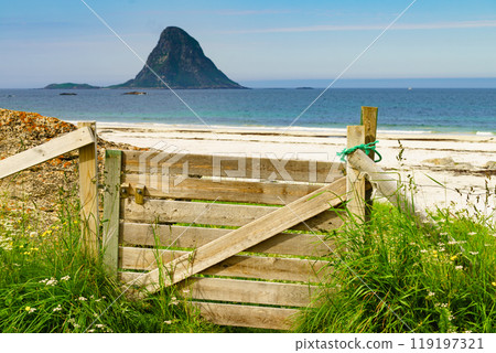 Sea coast sandy beach in resort Bleik Andoya Norway Sea coast sandy beach in resort Bleik Andoya Norway 119197321