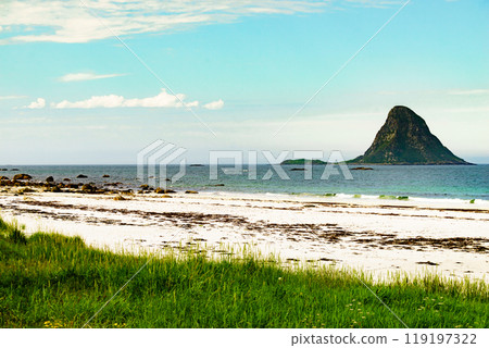 Sea coast sandy beach in resort Bleik Andoya Norway Sea coast sandy beach in resort Bleik Andoya Norway 119197322