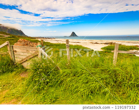 Sea coast sandy beach in resort Bleik Andoya Norway Sea coast sandy beach in resort Bleik Andoya Norway 119197332