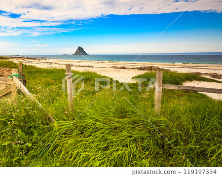 Sea coast sandy beach in resort Bleik Andoya Norway Sea coast sandy beach in resort Bleik Andoya Norway 119197334