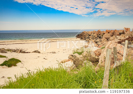 Sea coast sandy beach in resort Bleik Andoya Norway Sea coast sandy beach in resort Bleik Andoya Norway 119197336