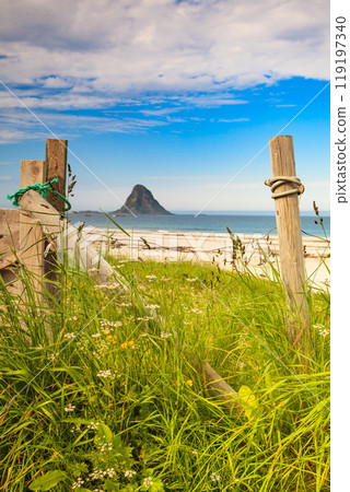 Sea coast sandy beach in resort Bleik Andoya Norway Sea coast sandy beach in resort Bleik Andoya Norway 119197340