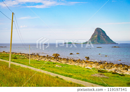 Sea coast sandy beach in resort Bleik Andoya Norway Sea coast sandy beach in resort Bleik Andoya Norway 119197341