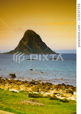 Sea coast sandy beach in resort Bleik Andoya Norway Sea coast sandy beach in resort Bleik Andoya Norway 119197359