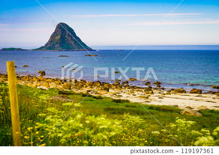 Sea coast sandy beach in resort Bleik Andoya Norway 119197361