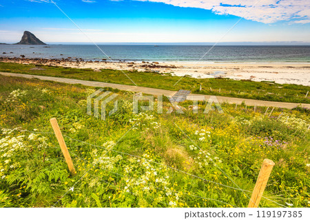 Sea coast sandy beach in resort Bleik Andoya Norway Sea coast sandy beach in resort Bleik Andoya Norway 119197385