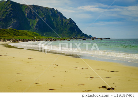 Sea coast sandy beach in resort Bleik Andoya Norway Sea coast sandy beach in resort Bleik Andoya Norway 119197405