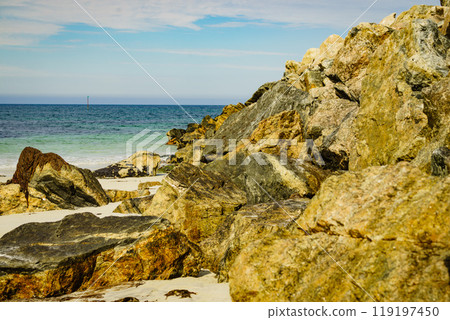Seascape with stone breakwater Seascape with stone breakwater 119197450