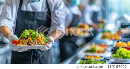Chefs Preparing and Plating Fresh Vegetable Dishes. Generative ai 119197622
