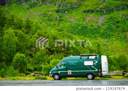 Camper van in norwegian mountains 119197674