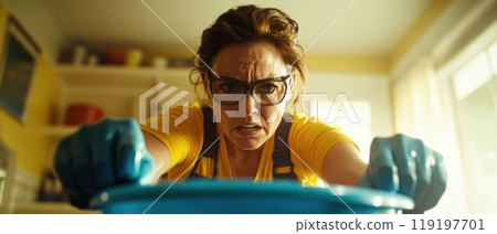 Determined Woman Cleaning with Intensity in the Kitchen 119197701