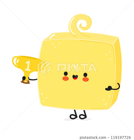 Cute funny Butter hold gold trophy cup. Vector hand drawn cartoon kawaii character illustration icon. Isolated on white background. Butter with winner trophy cup 119197726